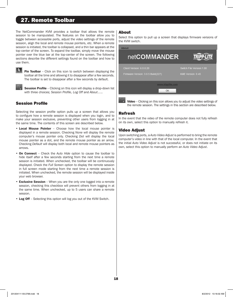 Remote toolbar, Session profile, About | Refresh, Video adjust | Tripp Lite IP CAT5 B072-016-1-IP User Manual | Page 18 / 32