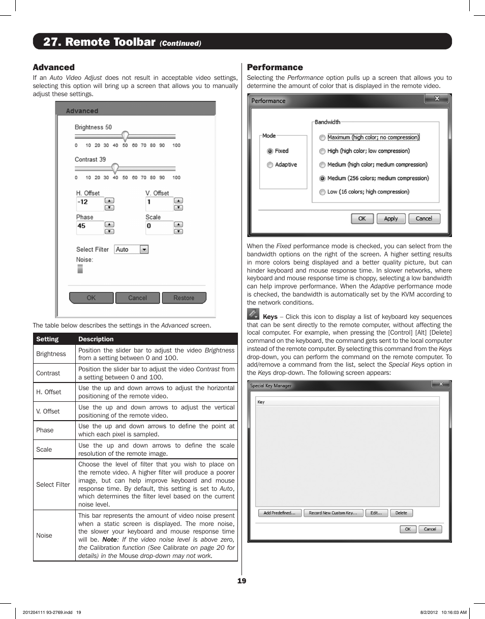 Remote toolbar, Advanced, Performance | Tripp Lite IP CAT5 B072-016-1-IP User Manual | Page 19 / 32