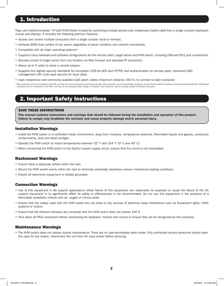 Introduction, Important safety instructions, Installation warnings | Rackmount warnings, Connection warnings, Maintenance warnings | Tripp Lite IP CAT5 B072-016-1-IP User Manual | Page 2 / 32