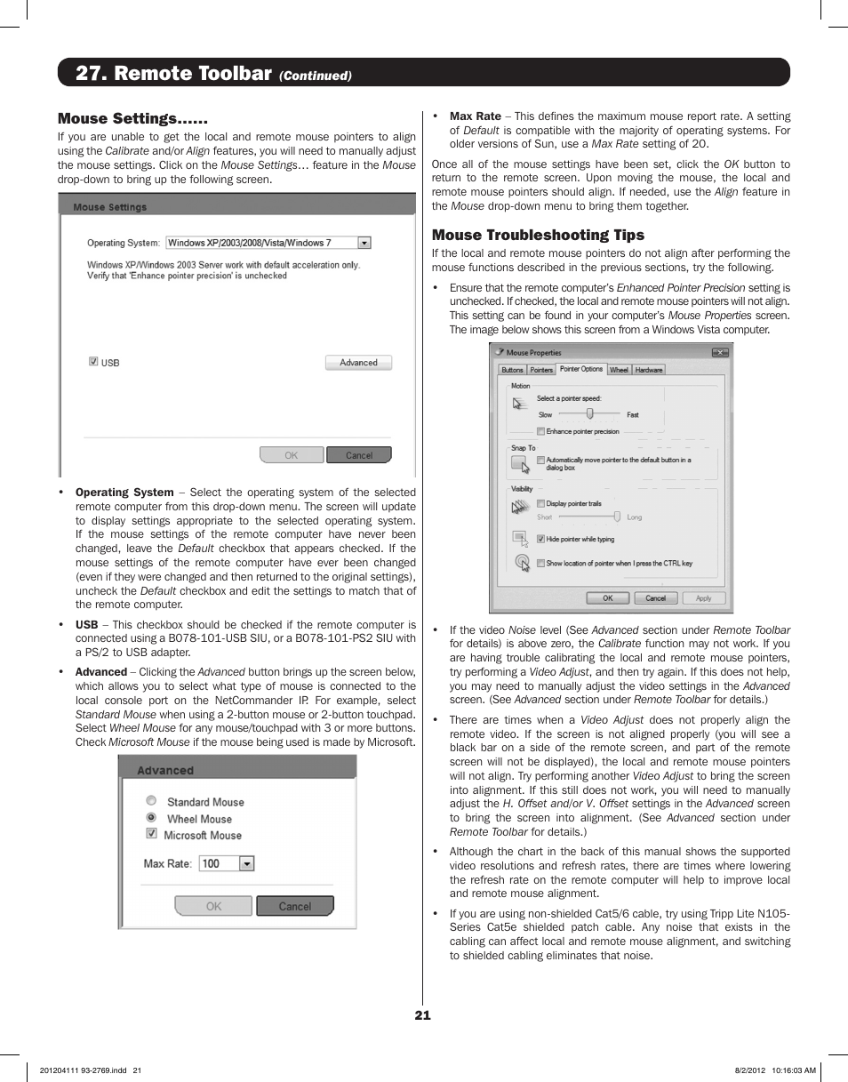 Remote toolbar, Mouse settings, Mouse troubleshooting tips | Tripp Lite IP CAT5 B072-016-1-IP User Manual | Page 21 / 32