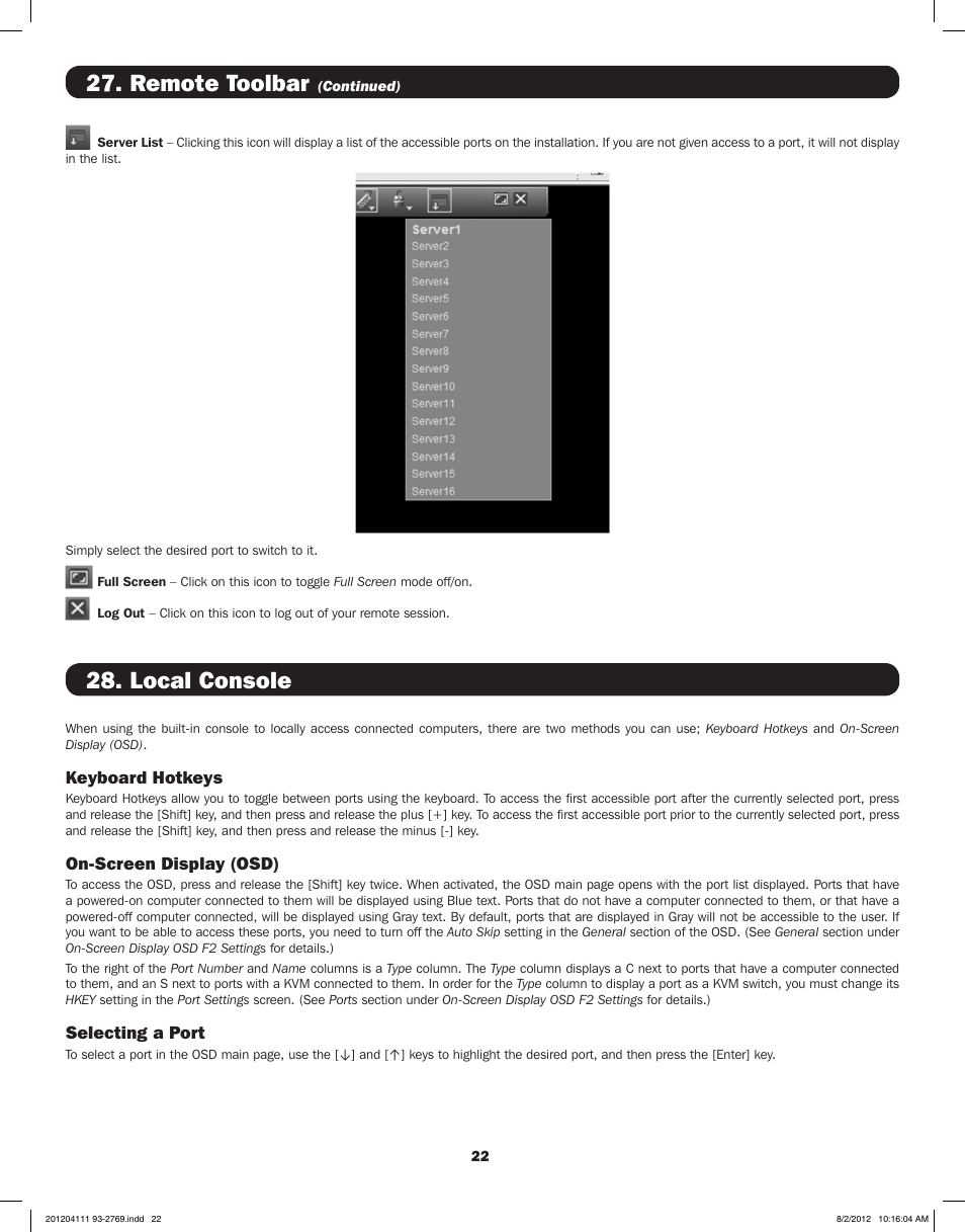 Remote toolbar, Local console | Tripp Lite IP CAT5 B072-016-1-IP User Manual | Page 22 / 32