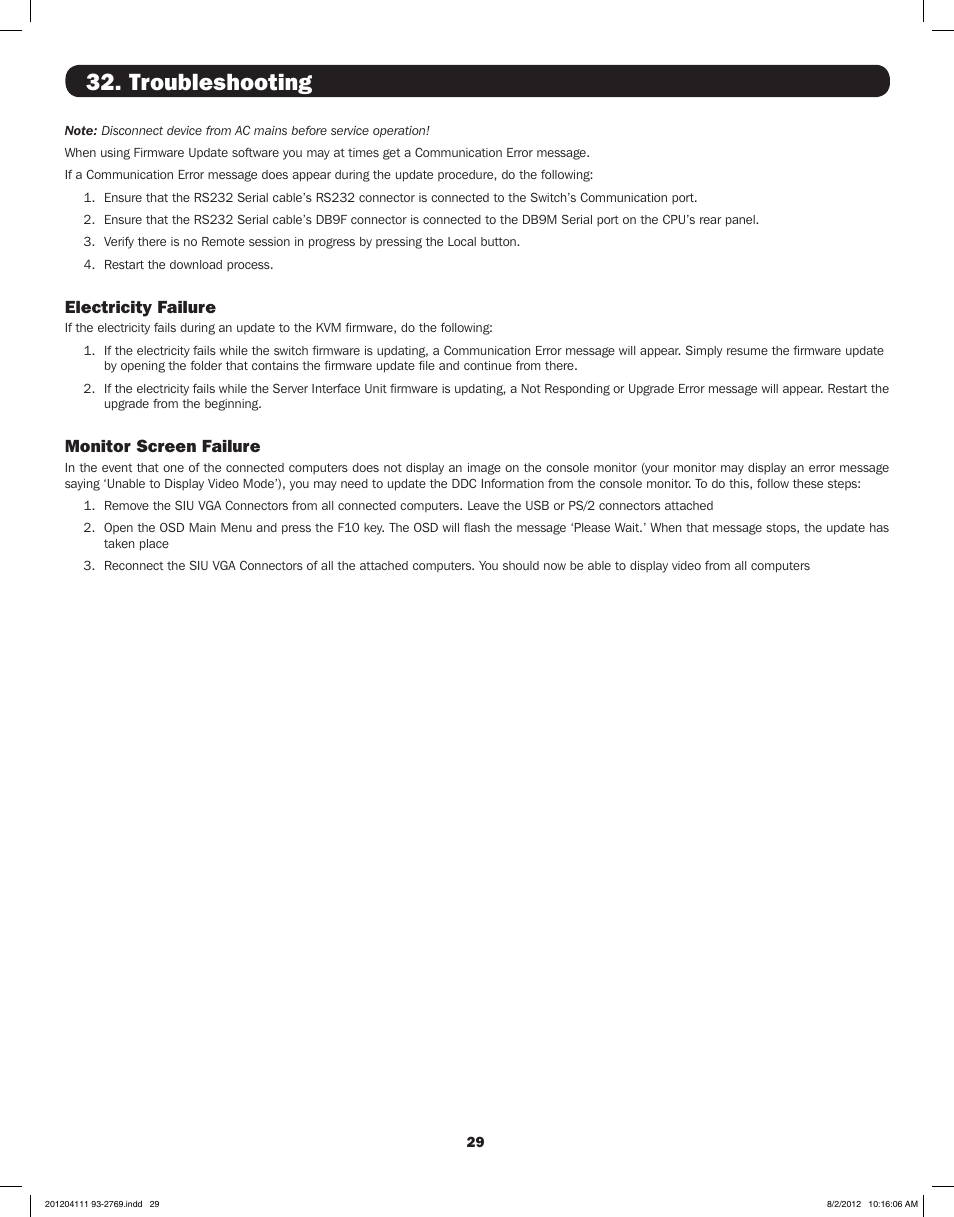 Troubleshooting, Electricity failure, Monitor screen failure | Tripp Lite IP CAT5 B072-016-1-IP User Manual | Page 29 / 32