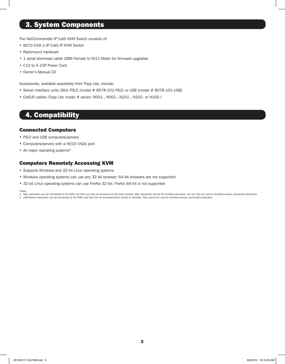 System components, Compatibility | Tripp Lite IP CAT5 B072-016-1-IP User Manual | Page 3 / 32