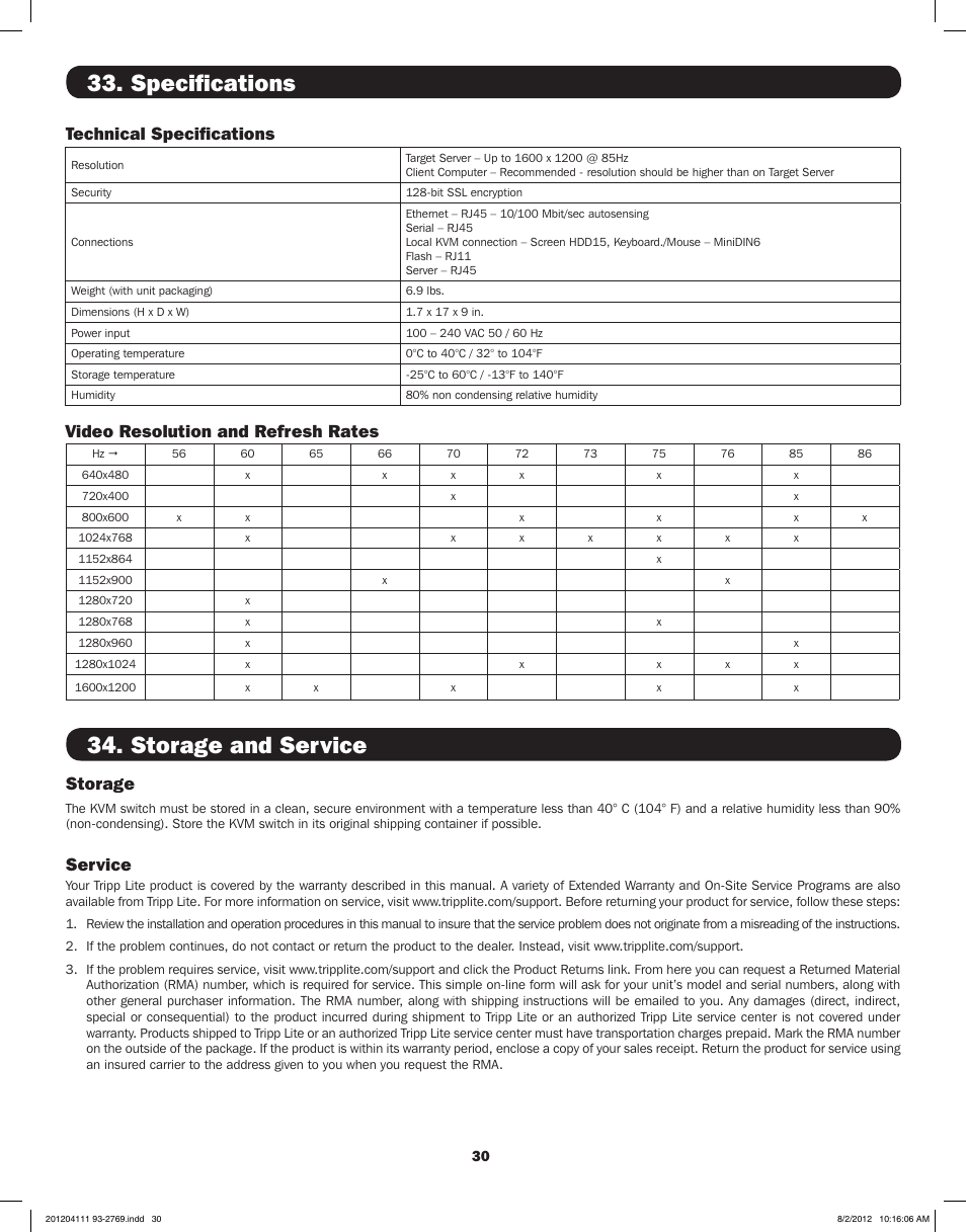 Specifications, Storage and service, Technical specifications | Storage, Service, Video resolution and refresh rates | Tripp Lite IP CAT5 B072-016-1-IP User Manual | Page 30 / 32