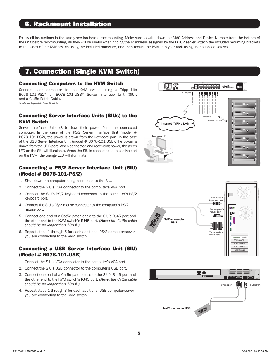 Rackmount installation, Connection (single kvm switch), Connecting computers to the kvm switch | Tripp Lite IP CAT5 B072-016-1-IP User Manual | Page 5 / 32