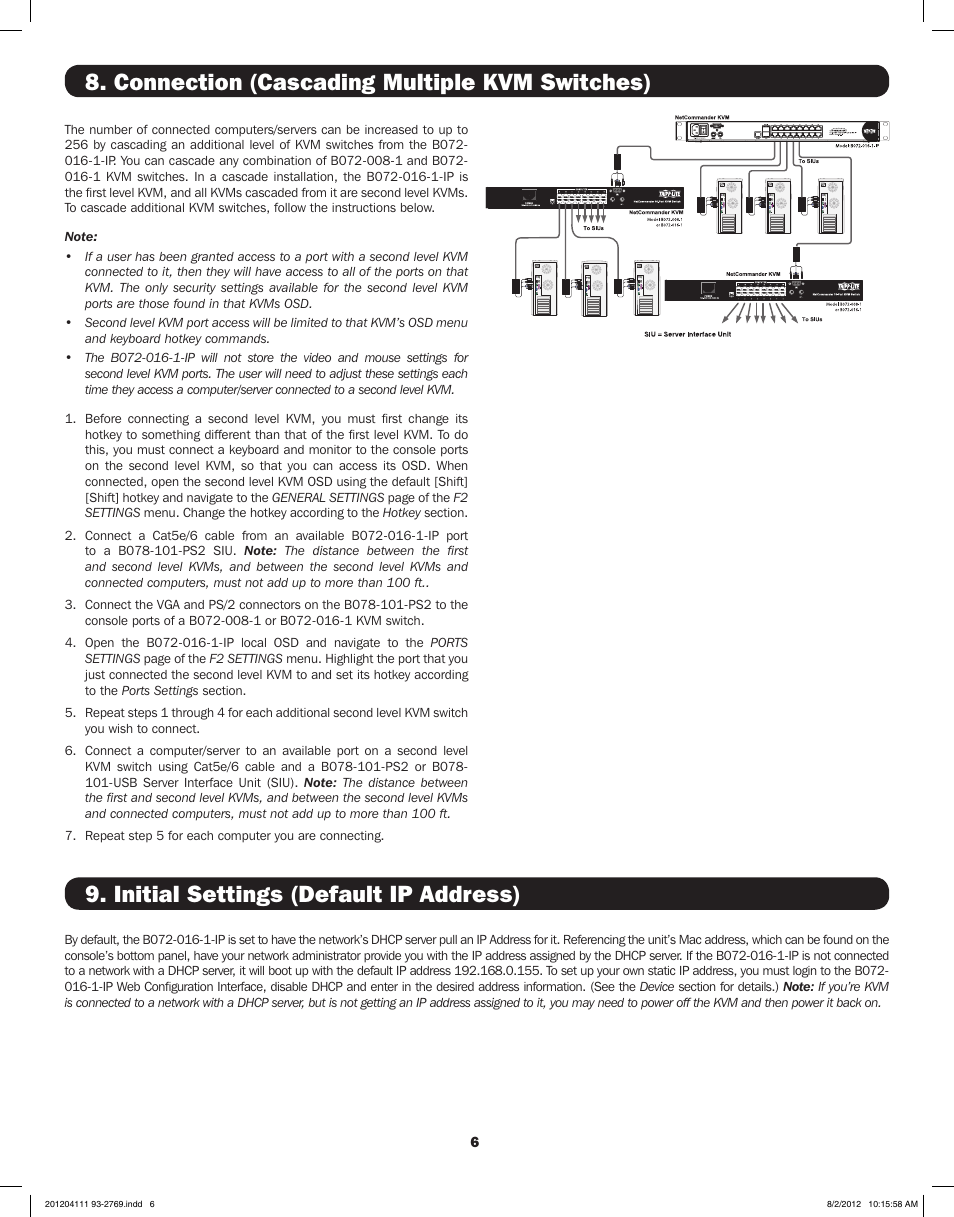 Connection (cascading multiple kvm switches), Initial settings (default ip address) | Tripp Lite IP CAT5 B072-016-1-IP User Manual | Page 6 / 32