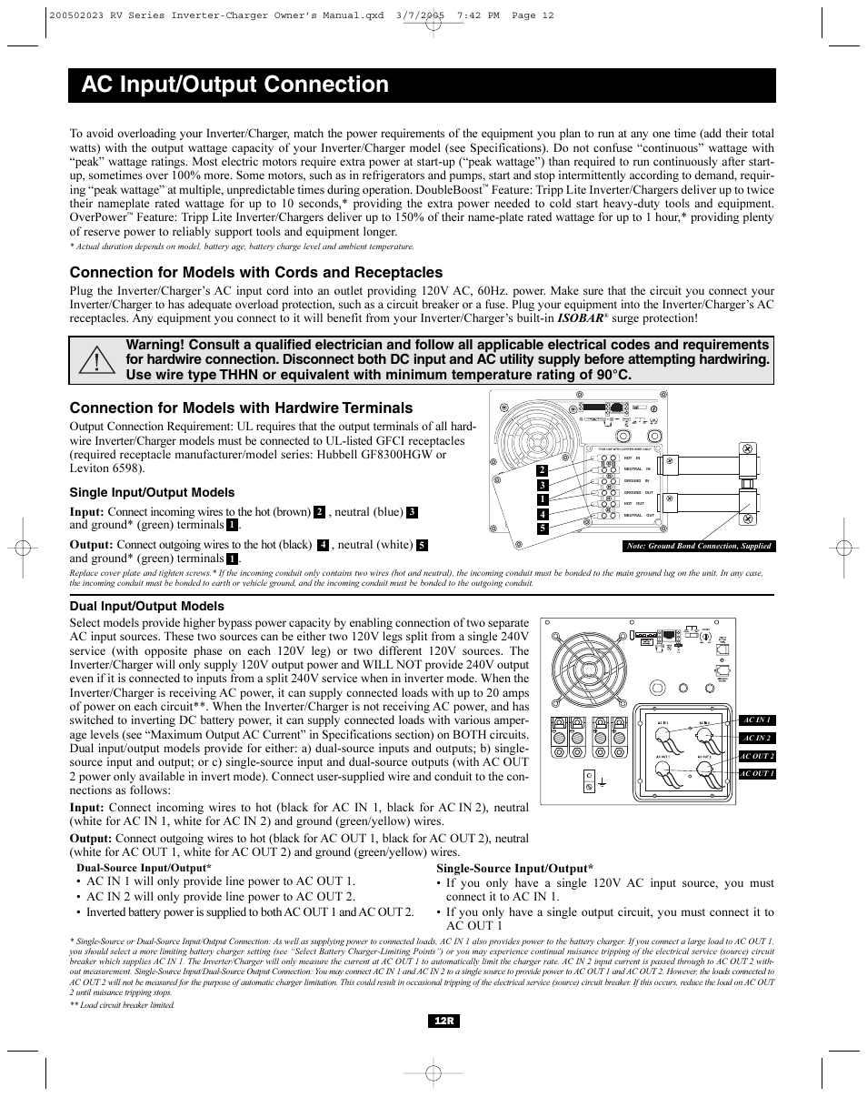 Ac input/output connection, Connection for models with cords and receptacles, Connection for models with hardwire terminals | Tripp Lite PowerVerter RV612ULH User Manual | Page 12 / 14