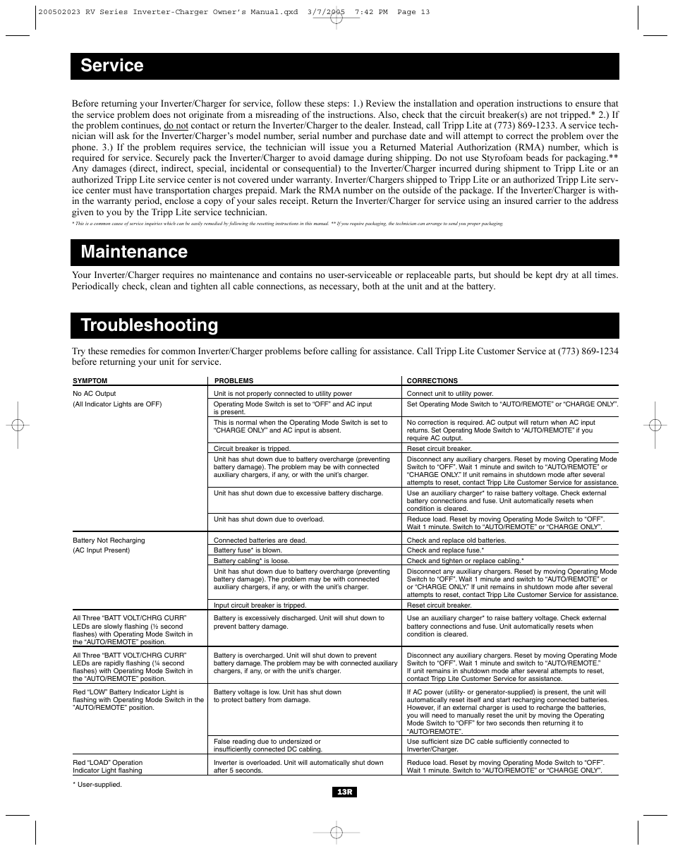 Service, Maintenance troubleshooting | Tripp Lite PowerVerter RV612ULH User Manual | Page 13 / 14