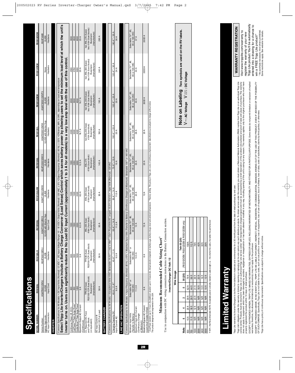 Limited w arranty, Specifications, Minimum recommended cable sizing chart | Warranty registra tion | Tripp Lite PowerVerter RV612ULH User Manual | Page 2 / 14