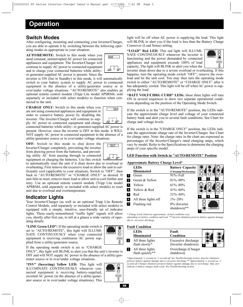 Operation, Switch modes, Indicator lights | Tripp Lite PowerVerter RV612ULH User Manual | Page 5 / 14