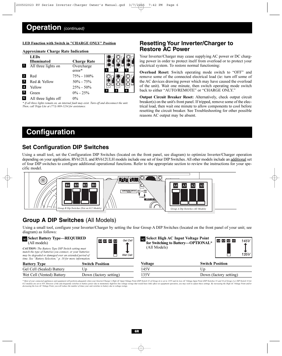 Configuration, Operation, Set configuration dip switches | Group a dip switches (all models) | Tripp Lite PowerVerter RV612ULH User Manual | Page 6 / 14