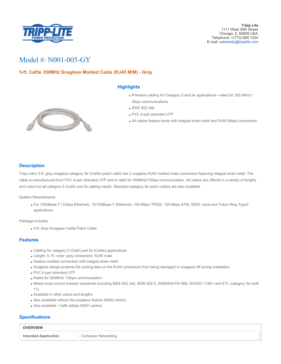 Tripp Lite Gray Snagless Cat5e Molded Patch Cable N001-005-GY User Manual | 3 pages