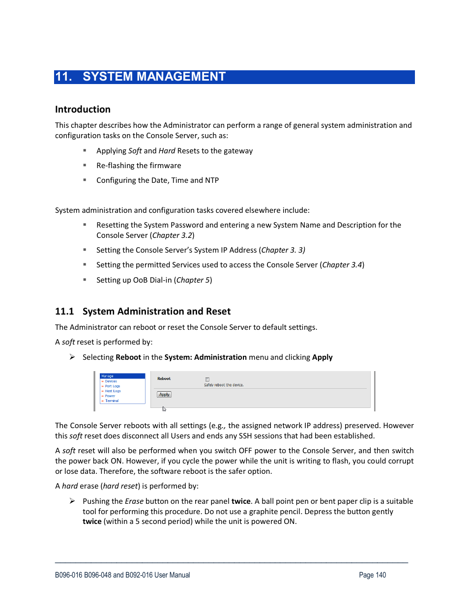 System management, Introduction, 1 system administration and reset | Tripp Lite 93-2879 User Manual | Page 140 / 224