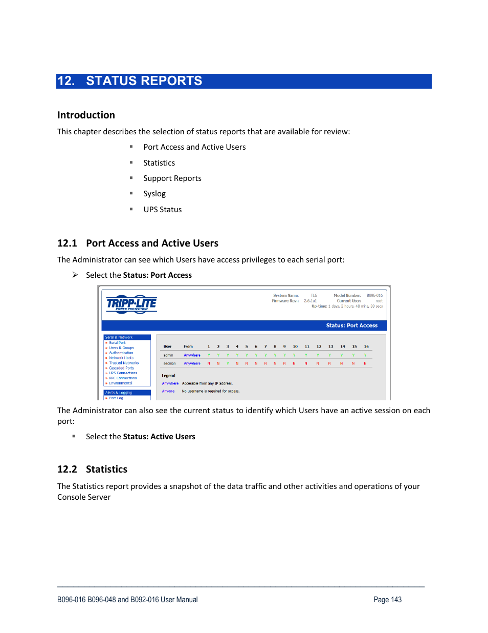 Status reports, Introduction, 1 port access and active users | 2 statistics | Tripp Lite 93-2879 User Manual | Page 143 / 224