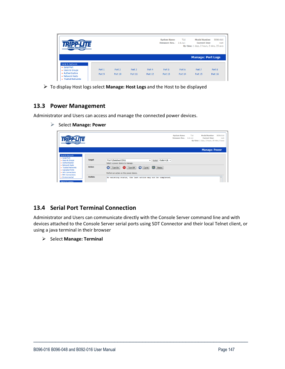 3 power management, 4 serial port terminal connection | Tripp Lite 93-2879 User Manual | Page 147 / 224