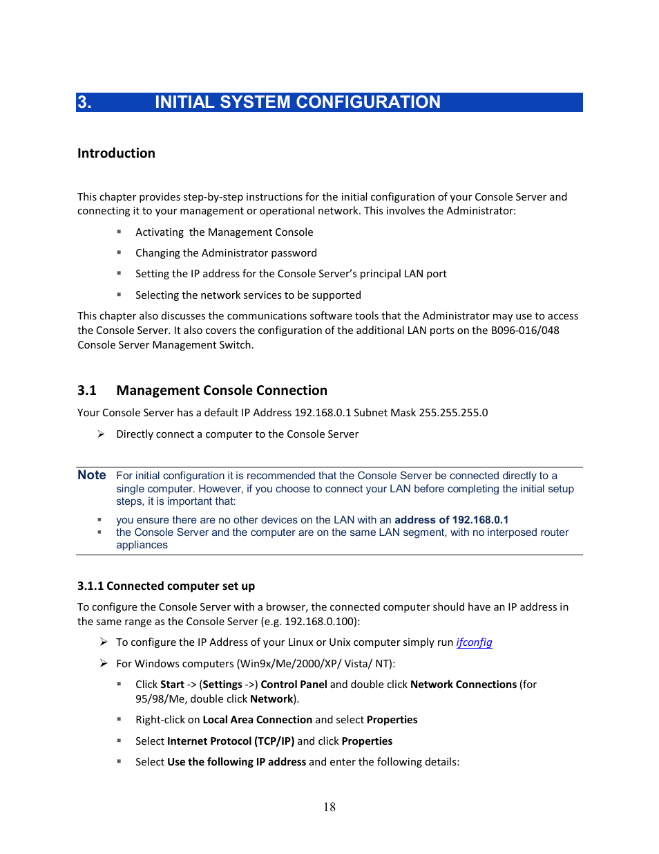 Initial system configuration, Introduction, 1 management console connection | Tripp Lite 93-2879 User Manual | Page 18 / 224