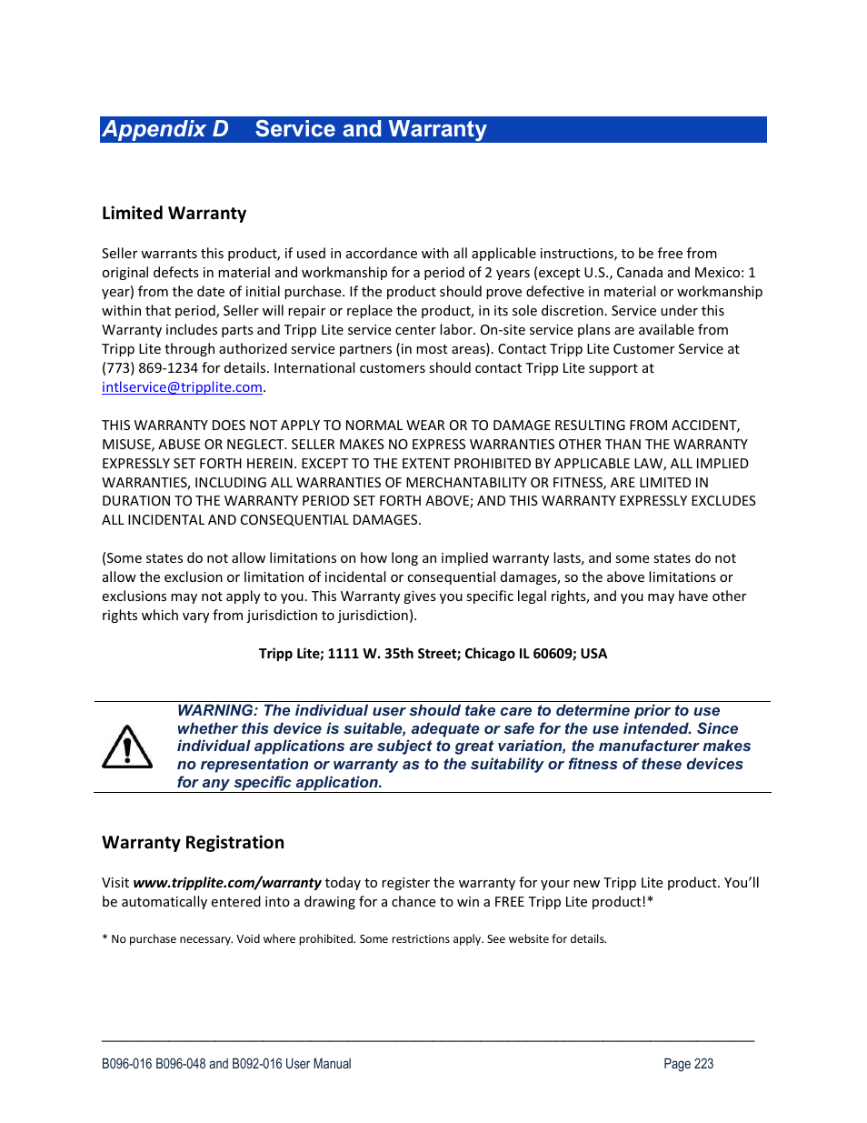 Appendix d service and warranty, Limited warranty, Warranty registration | Tripp Lite 93-2879 User Manual | Page 223 / 224