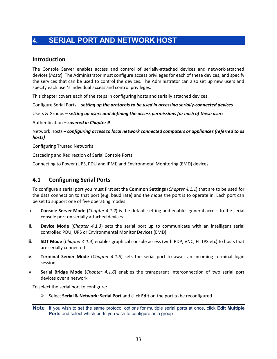 Serial port and network host, Introduction, 1 configuring serial ports | Tripp Lite 93-2879 User Manual | Page 33 / 224