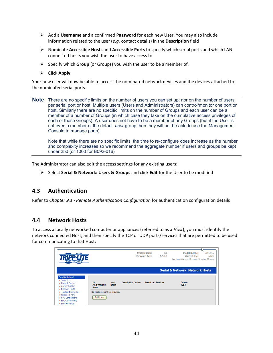 3 authentication, 4 network hosts | Tripp Lite 93-2879 User Manual | Page 44 / 224