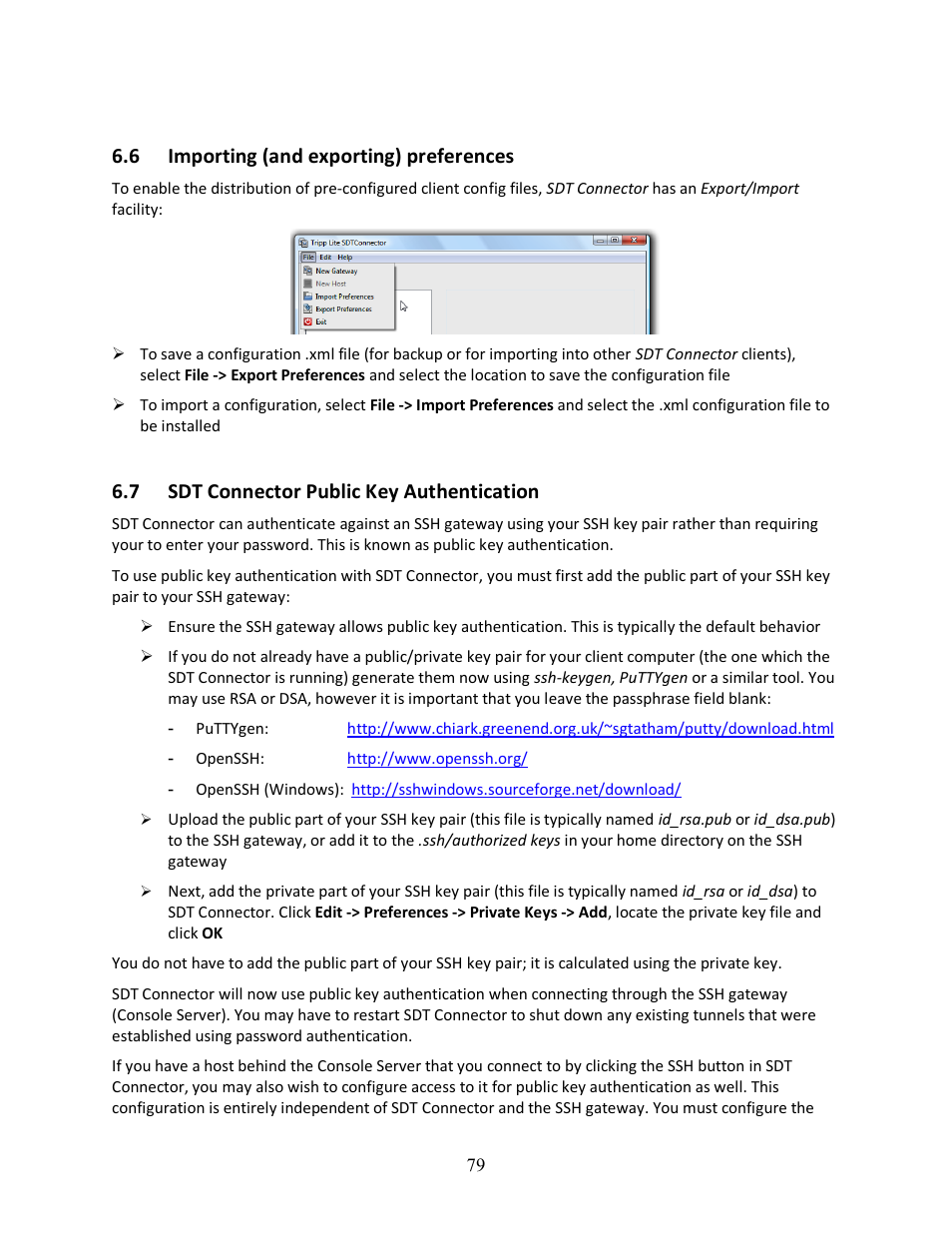 6 importing (and exporting) preferences, 7 sdt connector public key authentication | Tripp Lite 93-2879 User Manual | Page 79 / 224