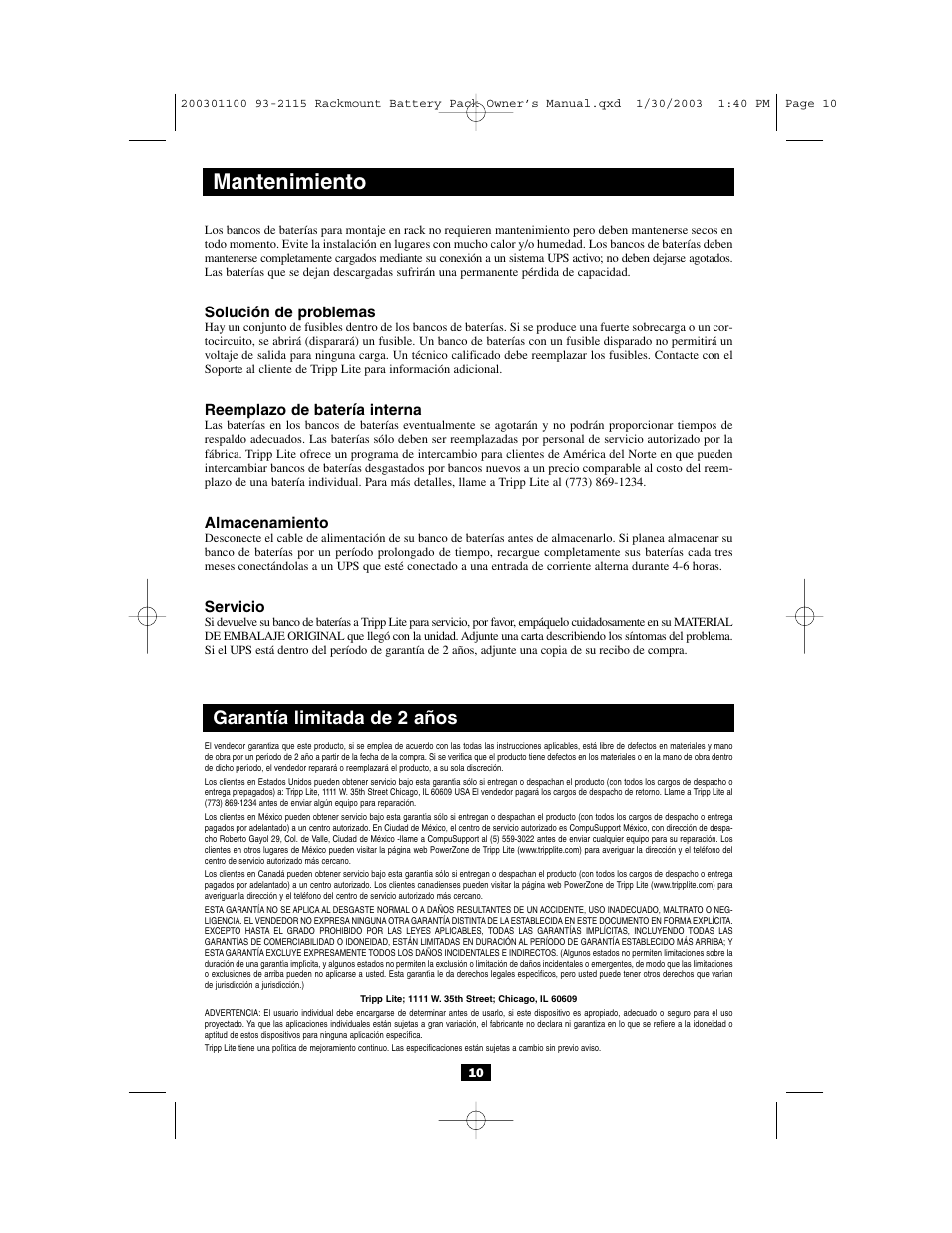 Mantenimiento, Garantía limitada de 2 años | Tripp Lite BP48V212U User Manual | Page 10 / 12