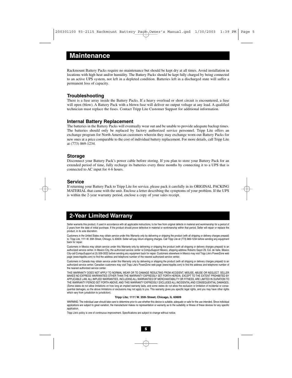 Maintenance, Year limited warrany | Tripp Lite BP48V212U User Manual | Page 5 / 12