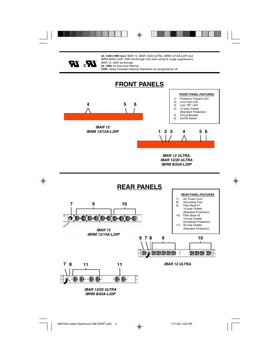 Front panels rear panels | Tripp Lite IBRAM 8/20A-L20P User Manual | Page 3 / 4