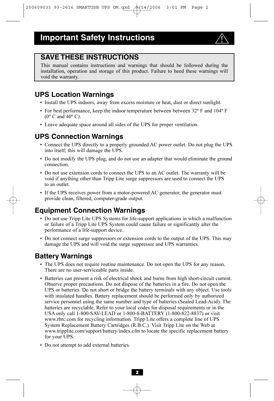 Important safety instructions, Ups location warnings, Ups connection warnings | Equipment connection warnings, Battery warnings, Save these instructions | Tripp Lite SmartPro USB User Manual | Page 2 / 8