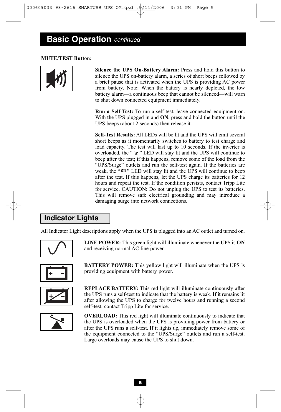 Basic operation, Indicator lights | Tripp Lite SmartPro USB User Manual | Page 5 / 8