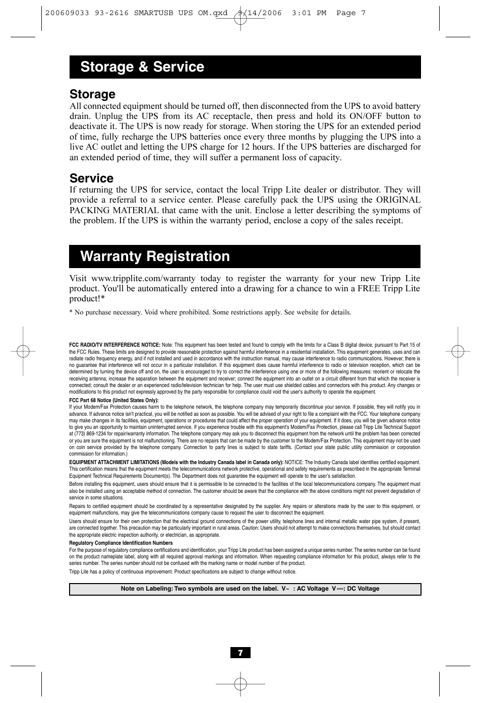 Storage & service warranty registration, Storage, Service | Tripp Lite SmartPro USB User Manual | Page 7 / 8