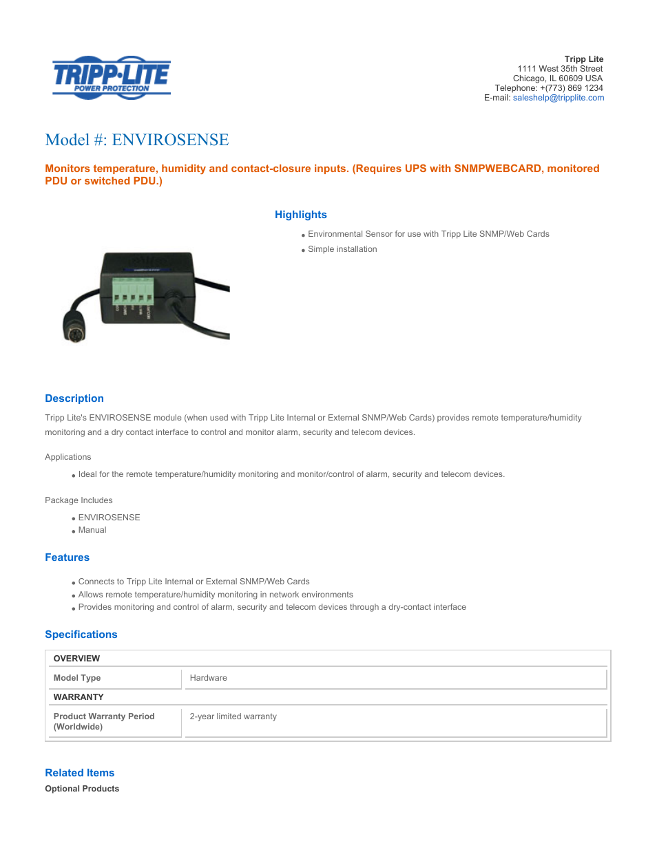 Tripp Lite ENVIROSENSE User Manual | 2 pages