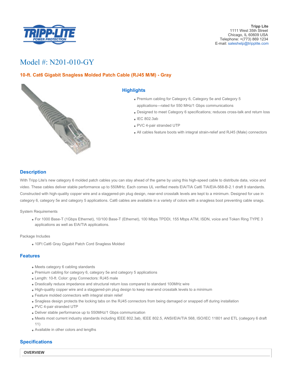 Tripp Lite N201-010-GY User Manual | 3 pages