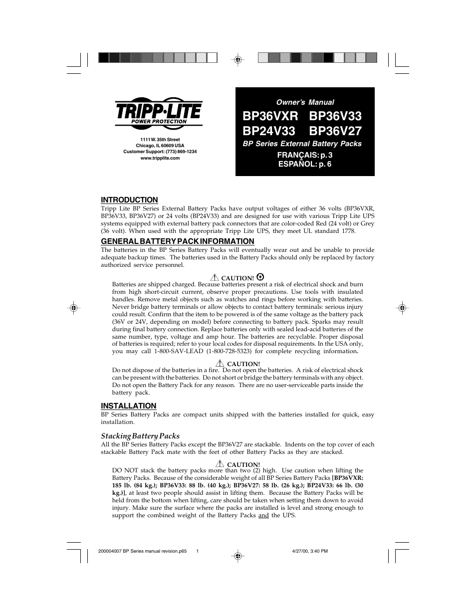 Tripp Lite BP36V33 User Manual | 3 pages