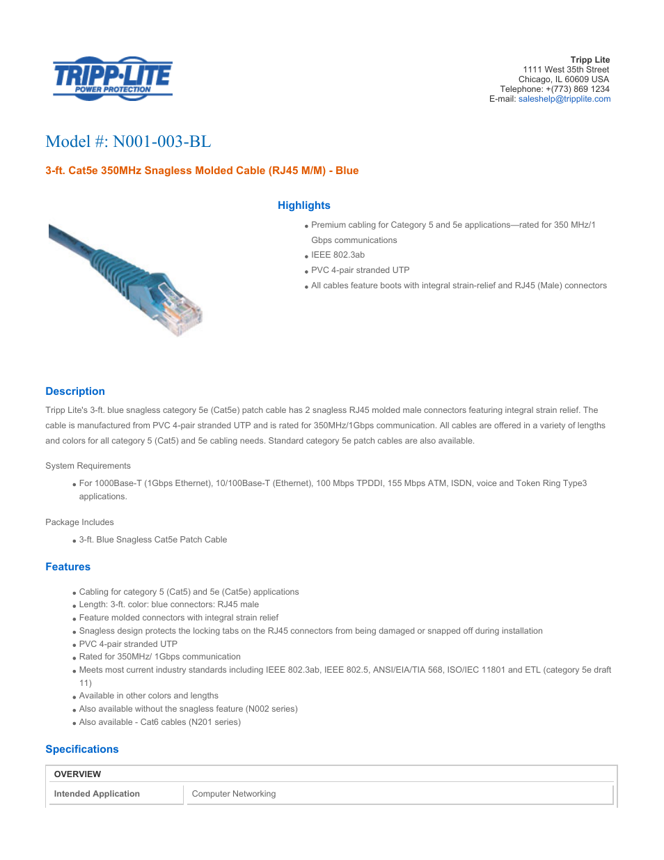 Tripp Lite N001-003-BL User Manual | 3 pages