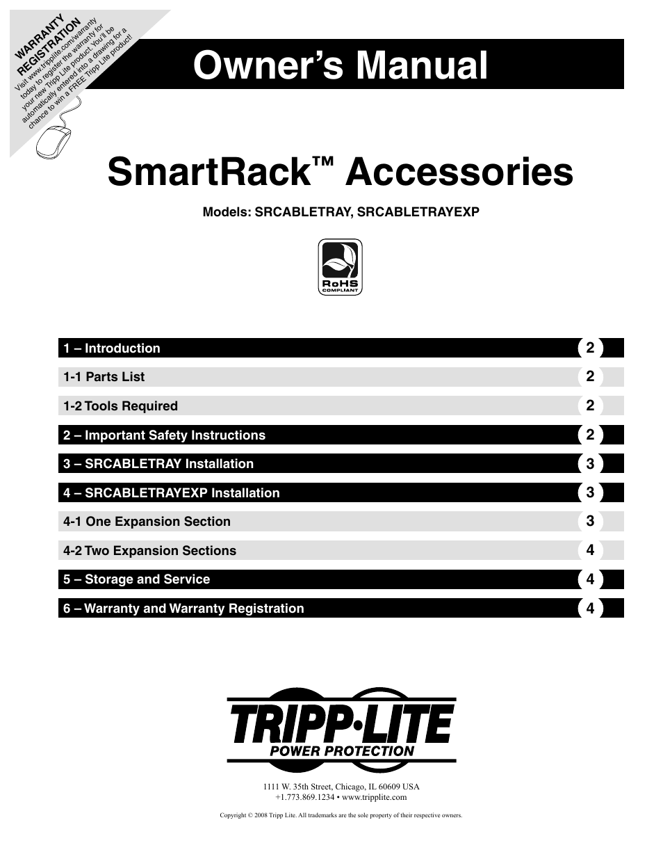 Tripp Lite SRCABLETRAY User Manual | 4 pages