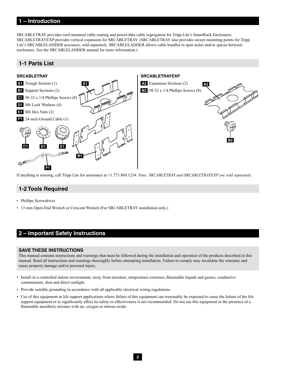 1 – introduction 2 – important safety instructions, 1 parts list 1-2 tools required | Tripp Lite SRCABLETRAY User Manual | Page 2 / 4