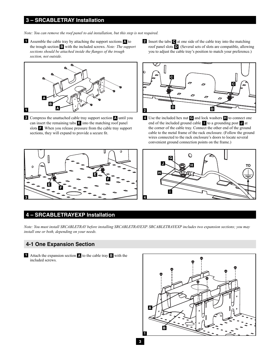 3 – srcabletray installation, 4 – srcabletrayexp installation | Tripp Lite SRCABLETRAY User Manual | Page 3 / 4