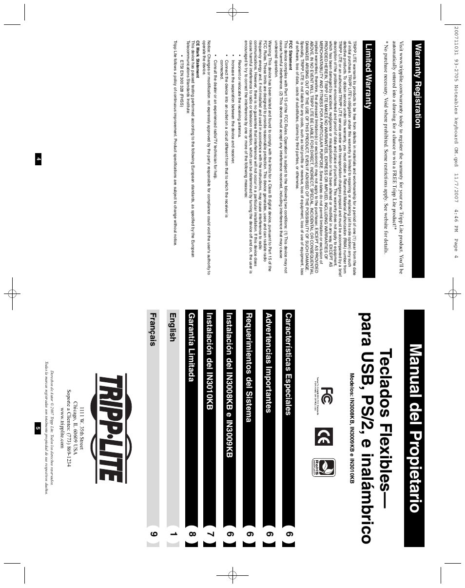 Man ual del pr opietario, Warranty registration, Limited w arranty | English français | Tripp Lite IN3008KB User Manual | Page 3 / 7
