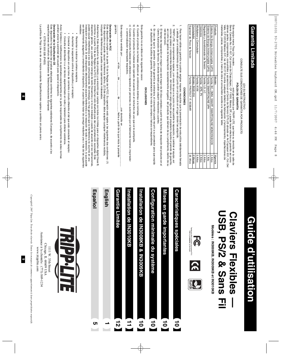 Cla vier s fle xib les — usb, ps/2 & sans fil, Guide d'utilisation, Garantía limitada | English español | Tripp Lite IN3008KB User Manual | Page 5 / 7