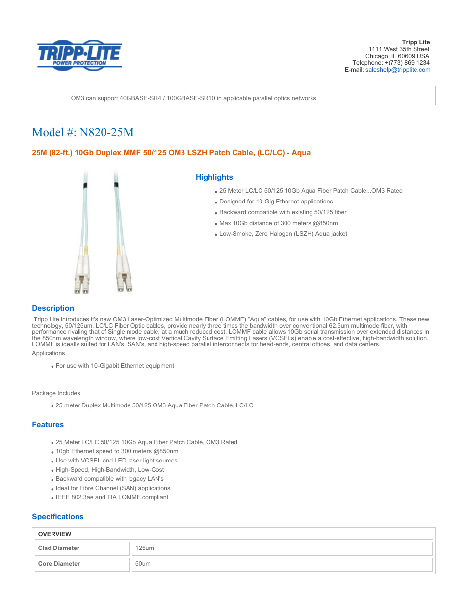 Tripp Lite Multimode Fiber Optics 25-meter N820-25M User Manual | 2 pages