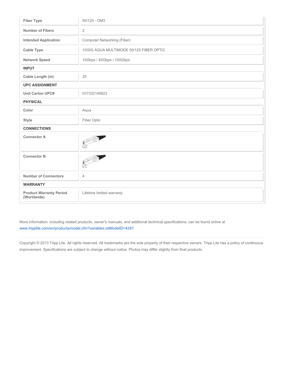 Tripp Lite Multimode Fiber Optics 25-meter N820-25M User Manual | Page 2 / 2