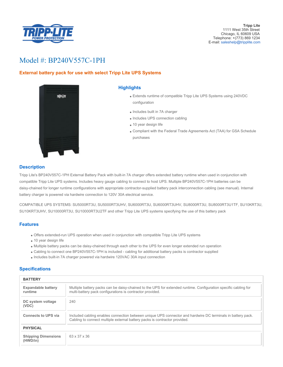 Tripp Lite External Battery Pack BP240V557C-1PH User Manual | 2 pages
