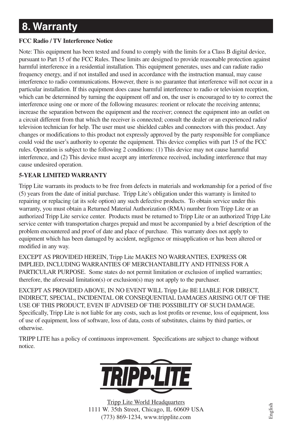 Warranty | Tripp Lite B022-002-KT-R User Manual | Page 12 / 13