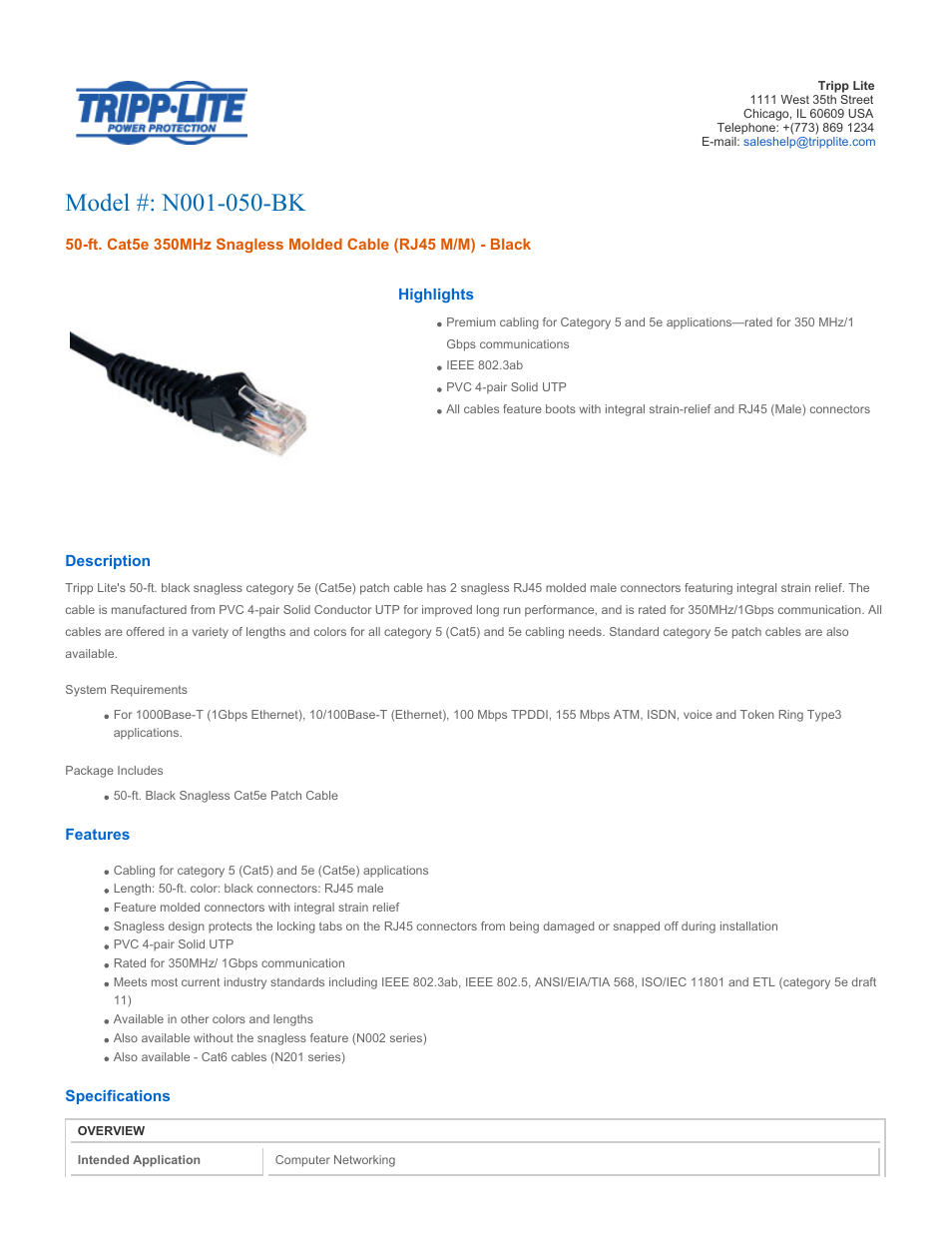 Tripp Lite N001-050-BK User Manual | 3 pages