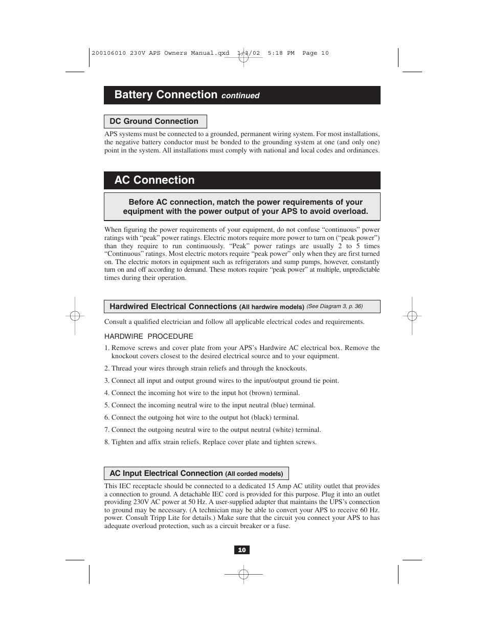 Battery connection, Ac connection | Tripp Lite 93-2007 (200106010) User Manual | Page 10 / 22