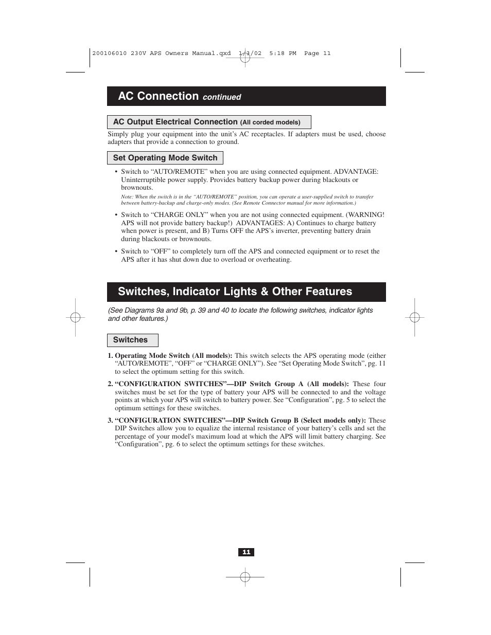 Ac connection, Switches, indicator lights & other features | Tripp Lite 93-2007 (200106010) User Manual | Page 11 / 22