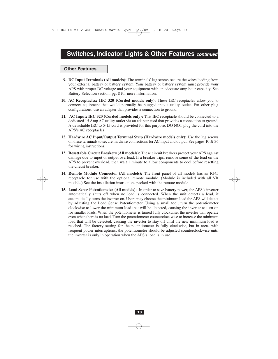 Switches, indicator lights & other features | Tripp Lite 93-2007 (200106010) User Manual | Page 13 / 22