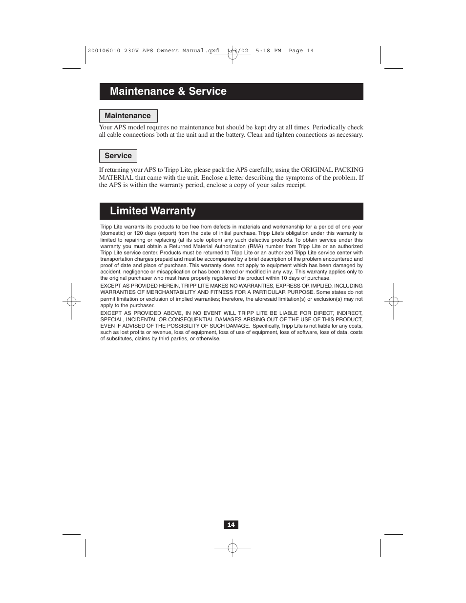 Limited warranty maintenance & service | Tripp Lite 93-2007 (200106010) User Manual | Page 14 / 22