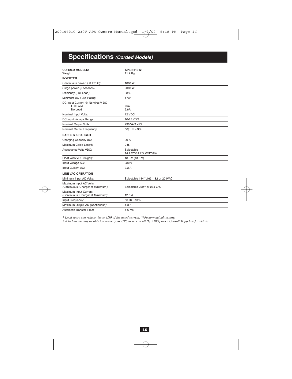 Specifications, Corded models) | Tripp Lite 93-2007 (200106010) User Manual | Page 16 / 22