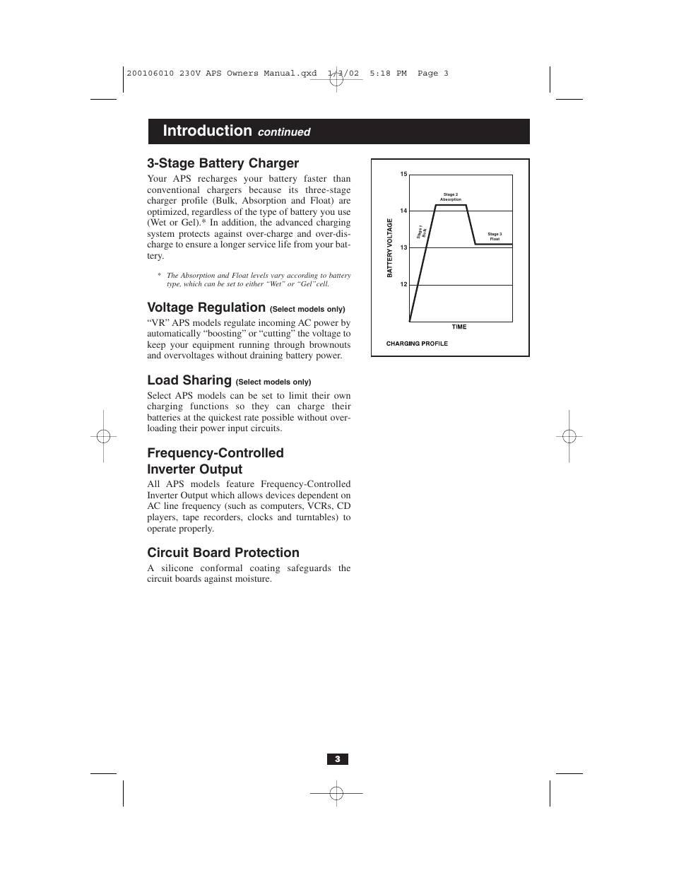 Introduction, Stage battery charger, Voltage regulation | Load sharing, Frequency-controlled inverter output, Circuit board protection, Continued | Tripp Lite 93-2007 (200106010) User Manual | Page 3 / 22